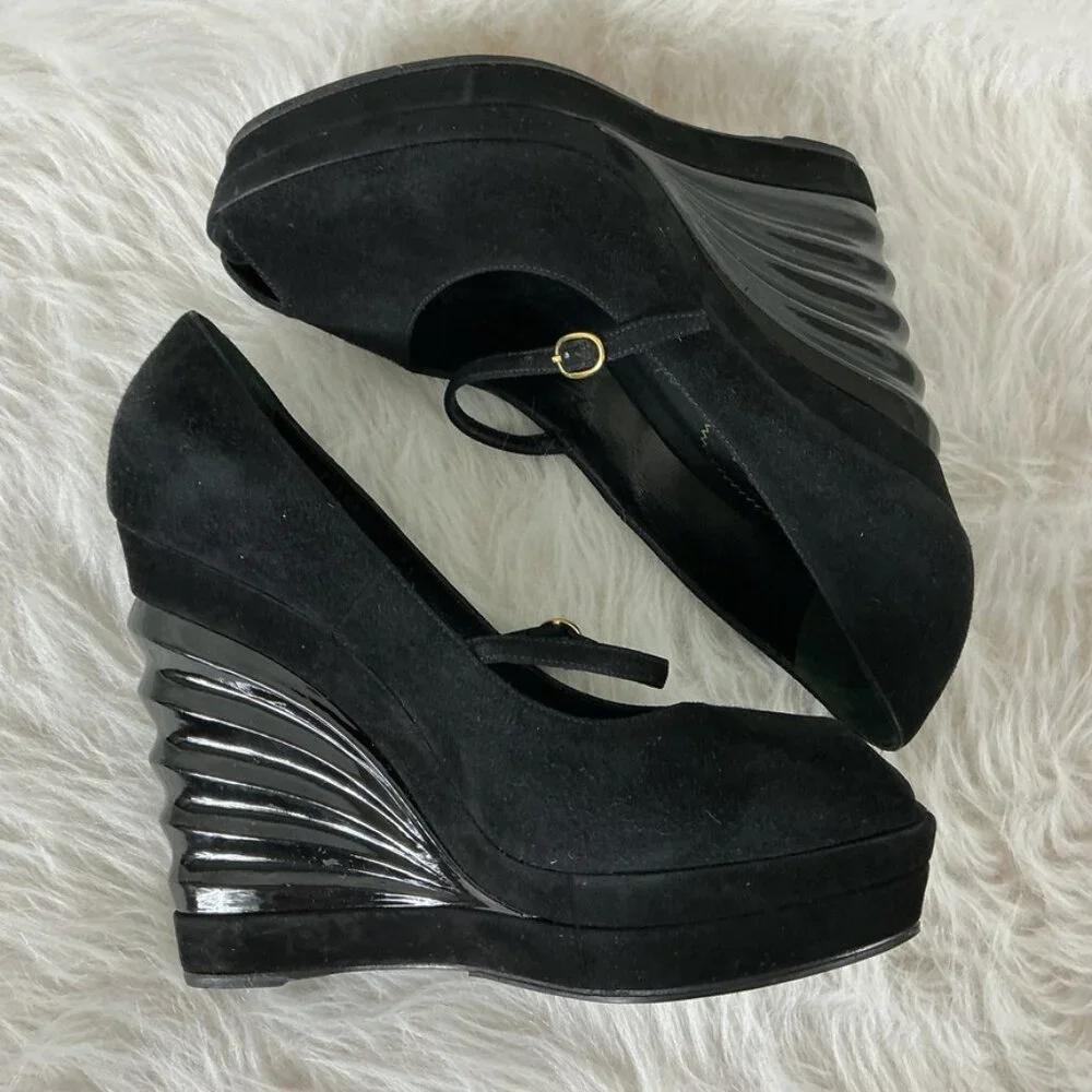 YSL Yves Saint Laurent Black Suede Robyn Winged Molded Wedge Pumps 39.5 US 9.5